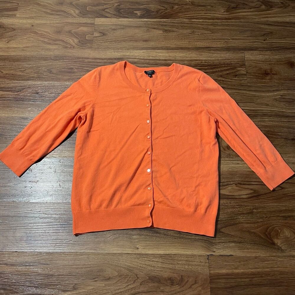 Talbots Pima Cotton Sweater Button Front Cardigan 3/4 Sleeve Orange Knit Women L